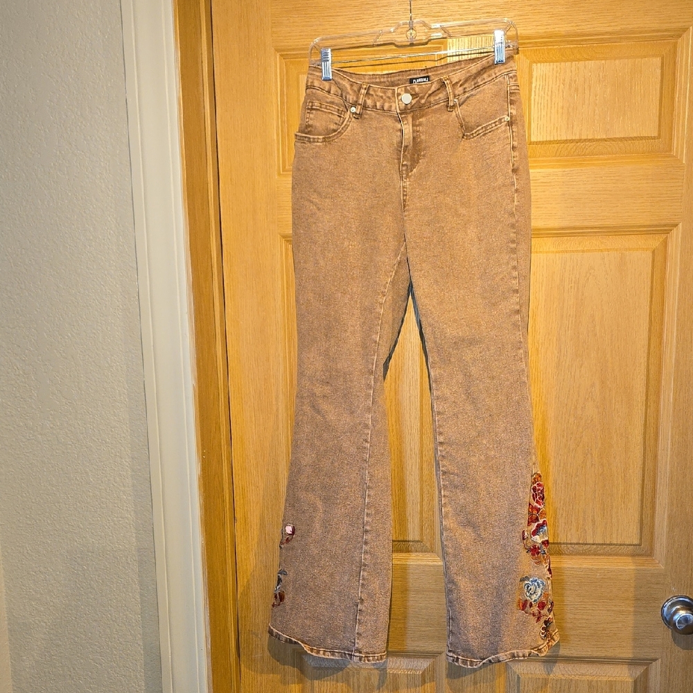 Embroidered Brown Flare Jeans with Floral Hem